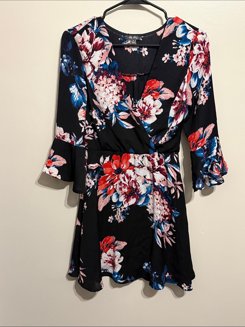 Lily Rose floral Mini Dress - Black with Red & Blue Flowers